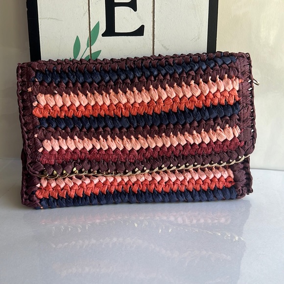 H&M Handbags - H&M Woven Straw Clutch Purse Bag  9 x 6.5" Multicolor Brn Org Cream Navy